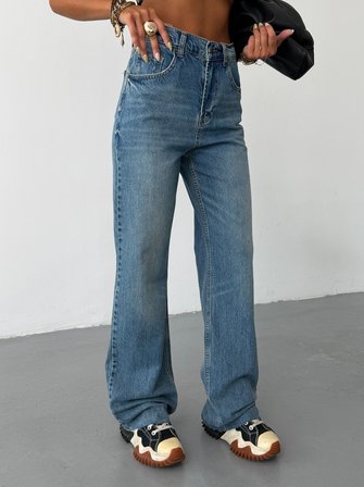 Kadın Yüksek Bel Wide Leg Jean Pantolon Düz Kesim Bol Paça Denim
