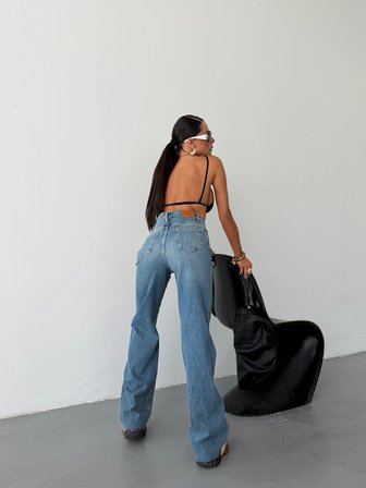 Kadın Yüksek Bel Wide Leg Jean Pantolon Düz Kesim Bol Paça Denim