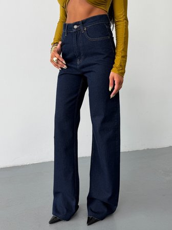 Kadın Yüksek Bel Wide Leg Jean Pantolon Düz Kesim Bol Paça Denim
