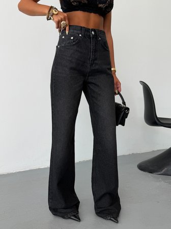Kadın Yüksek Bel Wide Leg Jean Pantolon Bol Paça Düz Kesim Denim
