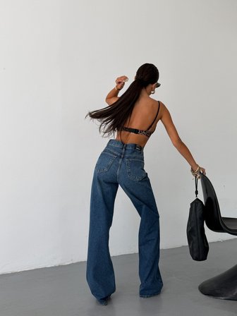 Kadın Yüksek Bel Wide Leg Jean Pantolon Bol Paça Düz Kesim Denim
