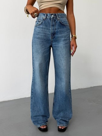 Kadın Yüksek Bel Wide Leg Jean Pantolon Bol Paça Düz Kesim Denim