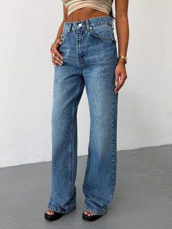 Kadın Yüksek Bel Wide Leg Jean Pantolon Bol Paça Düz Kesim Denim