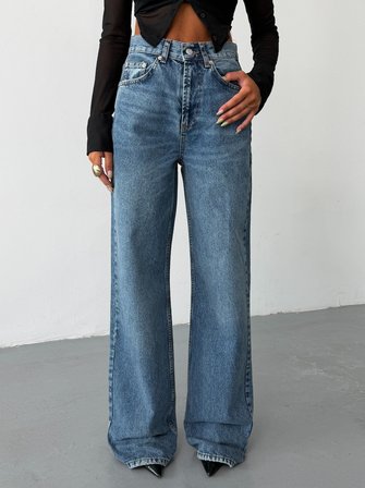 Kadın Yüksek Bel Wide Leg Jean Pantolon Bol Paça Düz Kesim Denim