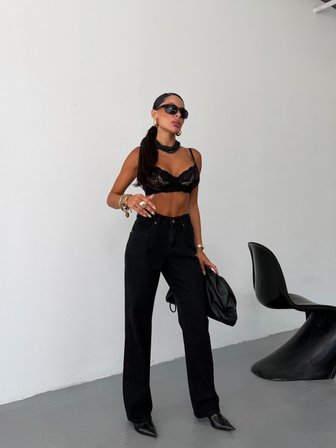 Kadın Yüksek Bel Straight Fit Düz Kesim Denim Pantolon