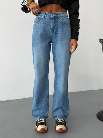 Kadın Yüksek Bel Straight Fit Düz Kesim Denim Pantolon