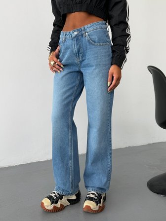 Kadın Yüksek Bel Straight Fit Düz Kesim Denim Pantolon