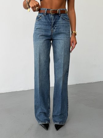 Kadın Yüksek Bel Ütü Çizgili Straight Wide Leg Jean Pantolon