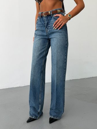 Kadın Yüksek Bel Ütü Çizgili Straight Wide Leg Jean Pantolon