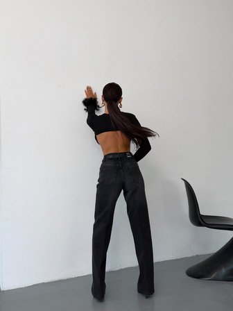 Kadın Yüksek Bel Ütü Çizgili Straight Wide Leg Jean Pantolon