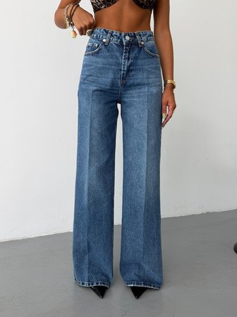 Kadın Yüksek Bel Ütü Izli Wide Leg Jean Pantolon Düz Kesim Denim