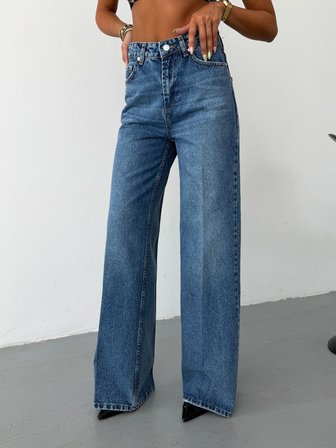Kadın Yüksek Bel Ütü Izli Wide Leg Jean Pantolon Düz Kesim Denim