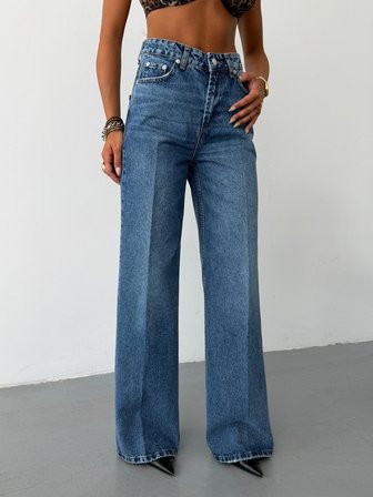 Kadın Yüksek Bel Ütü Izli Wide Leg Jean Pantolon Düz Kesim Denim