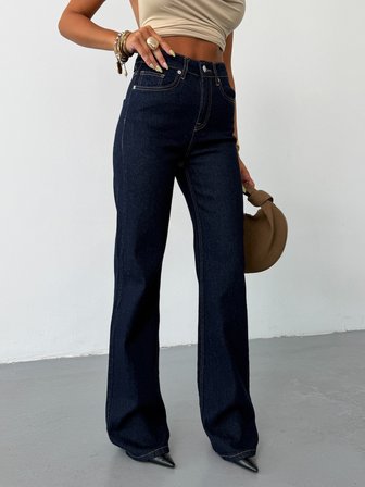 Kadın Yüksek Bel Wide Leg Jean Pantolon Düz Kesim Bol Paça Denim