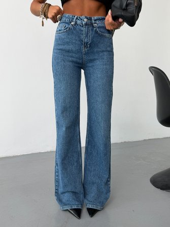 Kadın Yüksek Bel Wide Leg Jean Pantolon Düz Kesim Bol Paça Denim