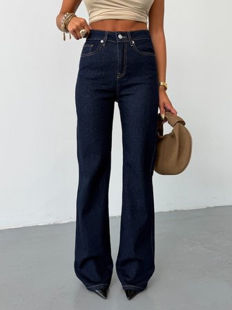 Kadın Yüksek Bel Wide Leg Jean Pantolon Düz Kesim Bol Paça Denim
