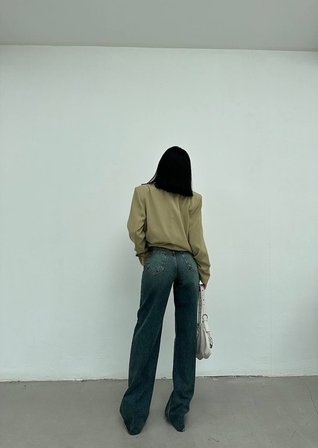 Yüksek Bel Klasik Mavi Düz Paça Denim Pantolon