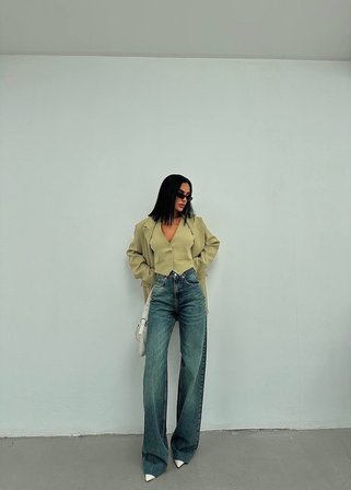Yüksek Bel Klasik Mavi Düz Paça Denim Pantolon