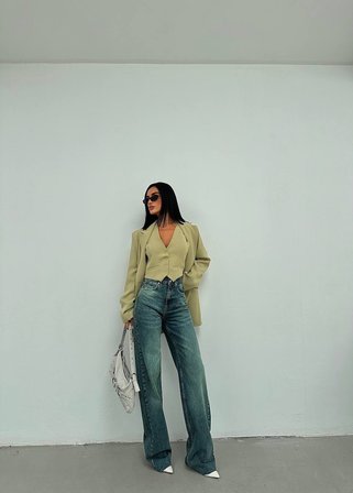 Yüksek Bel Klasik Mavi Düz Paça Denim Pantolon