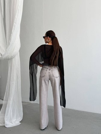 Yüksek Bel Dizleri Yırtık Detaylı Wide Leg Jean