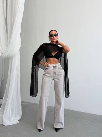 Yüksek Bel Dizleri Yırtık Detaylı Wide Leg Jean