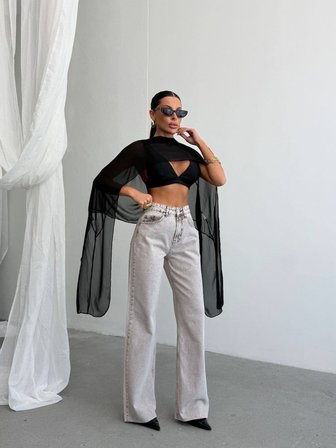 Yüksek Bel Dizleri Yırtık Detaylı Wide Leg Jean