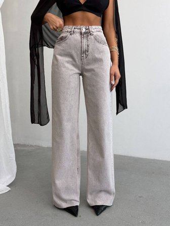 Yüksek Bel Dizleri Yırtık Detaylı Wide Leg Jean