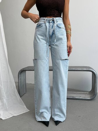 Yüksek Bel Asimetrik Geniş Paça Pamuklu  Denim Pantolon