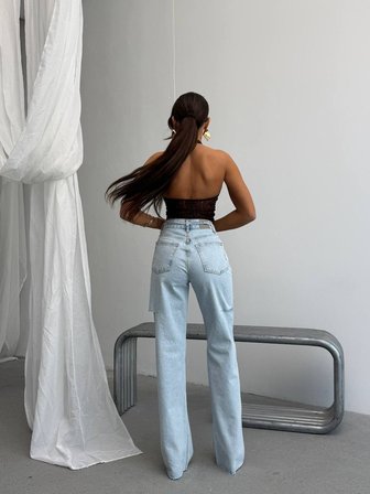 Yüksek Bel Asimetrik Geniş Paça Pamuklu  Denim Pantolon