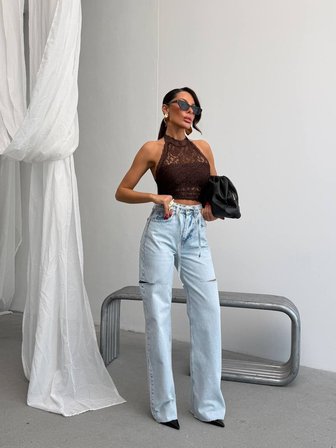 Yüksek Bel Asimetrik Geniş Paça Pamuklu  Denim Pantolon