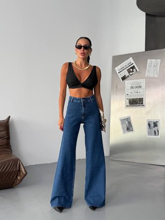 Siyah Yüksek Bel Geniş Paça Wide Leg Denim Jean Pantolon