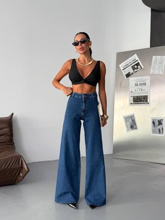 Siyah Yüksek Bel Geniş Paça Wide Leg Denim Jean Pantolon