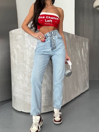 Yüksek Bel Düğme Detaylı Mom Jean