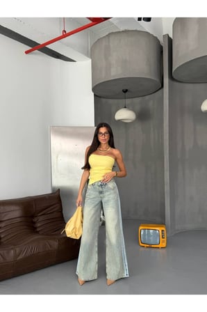 Yan Şerit Detaylı Geniş Paça Açık Mavi Jean
