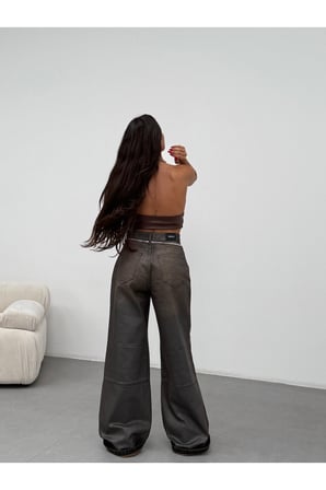 Vintage Kahve Tonlu Wide Leg Denim Pantolon