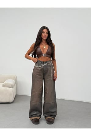 Vintage Kahve Tonlu Wide Leg Denim Pantolon