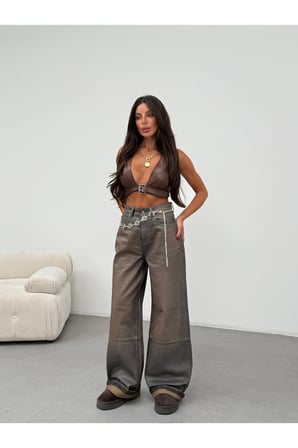 Vintage Kahve Tonlu Wide Leg Denim Pantolon