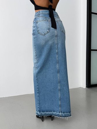 HerTon Kadın Yüksek Bel Yırtmaçlı Maxi Boy Jean Etek - %100 Pamuk Denim