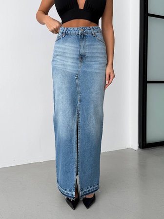 HerTon Kadın Yüksek Bel Yırtmaçlı Maxi Boy Jean Etek - %100 Pamuk Denim
