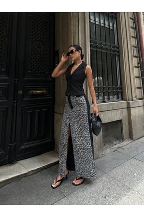 Leopar Desen Kontrast Panel Yırtmaçlı Maxi Denim Etek