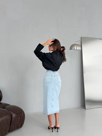 Yırtmaç Detaylı Denim Midi Etek