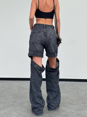 Çift Parçalı Detaylı Wide Leg Jean Pantolon