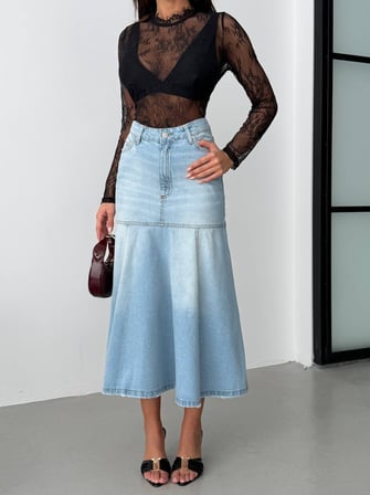 Denim Midi Etek – Geniş Kesim, Yüksek Bel