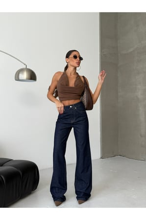 Lacivert Yüksek Bel Geniş Paça Denim Jean