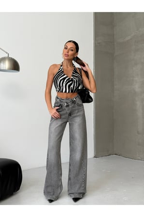 Vintage Gri Wide Leg Denim Pantolon