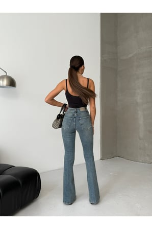 Yüksek Bel İspanyol Paça Denim Kadın Pantolon