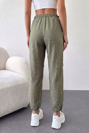 Haki Beli Lastikli Rahat Kesim Cepli Jogger Pantolon