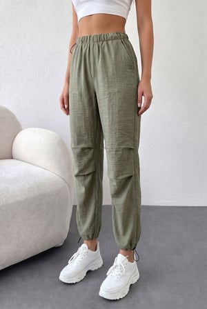Haki Beli Lastikli Rahat Kesim Cepli Jogger Pantolon