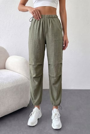Haki Beli Lastikli Rahat Kesim Cepli Jogger Pantolon