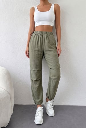 Haki Beli Lastikli Rahat Kesim Cepli Jogger Pantolon